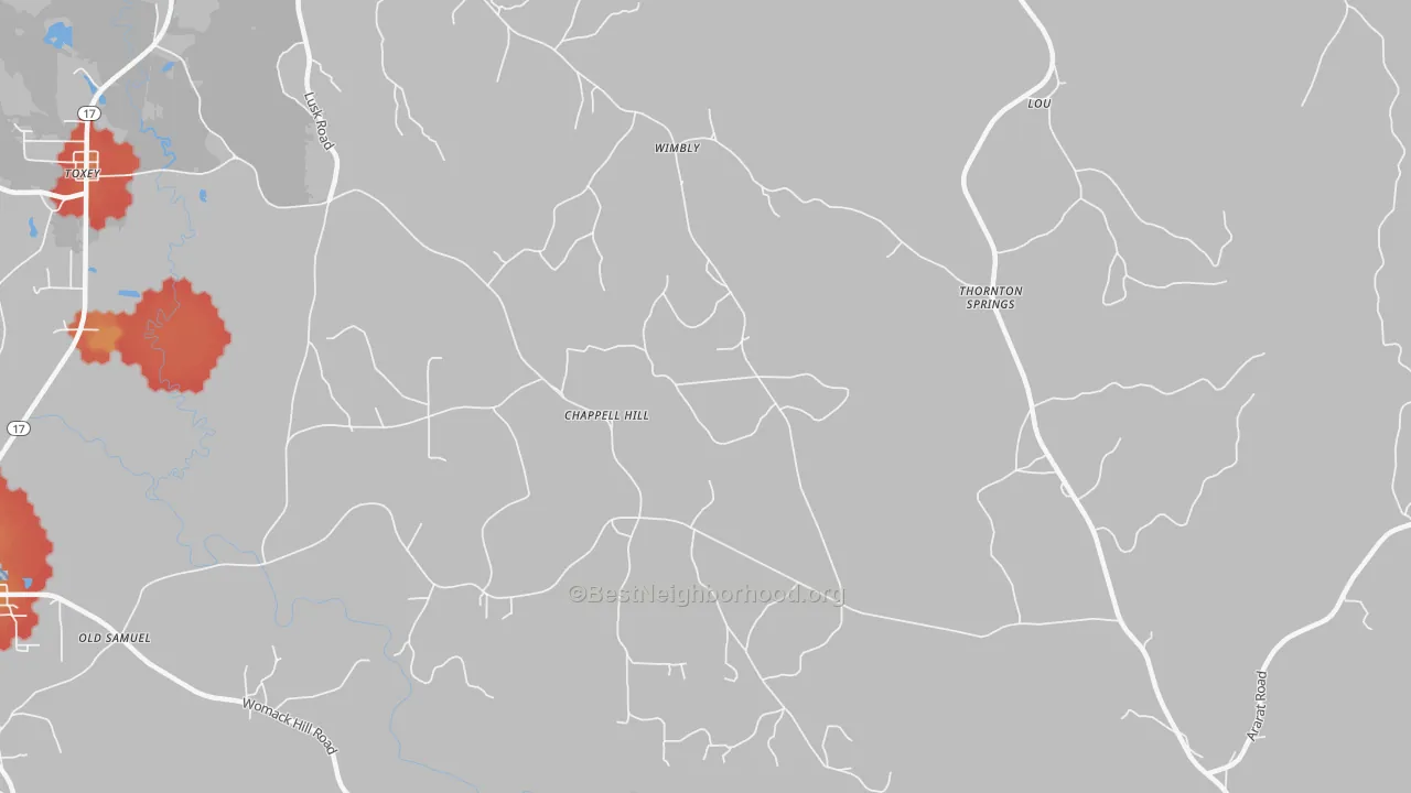 Walk Grade map of Wimberly, AL, walkable areas in green and car-dependent areas in red