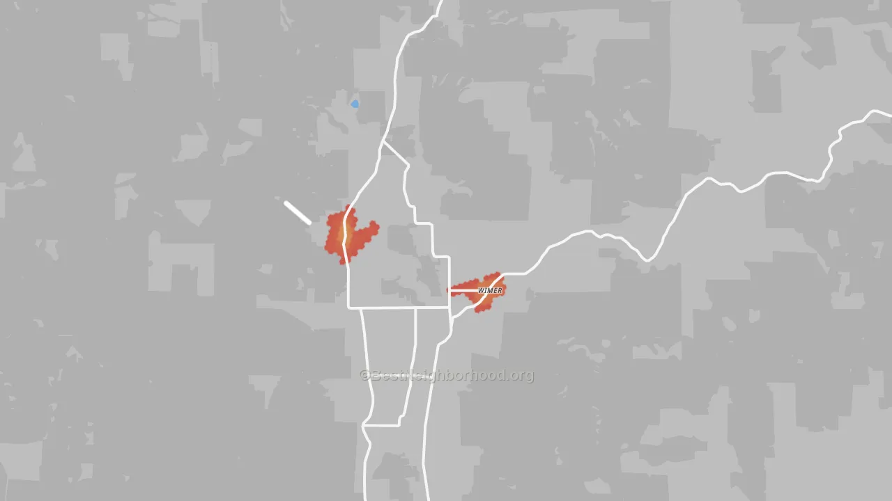 Walk Grade map of Wimer, OR, walkable areas in green and car-dependent areas in red