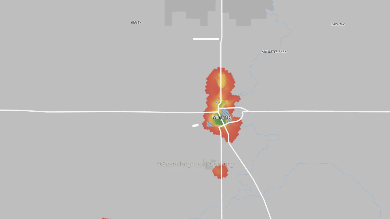 Walk Grade map of Winamac, IN, walkable areas in green and car-dependent areas in red