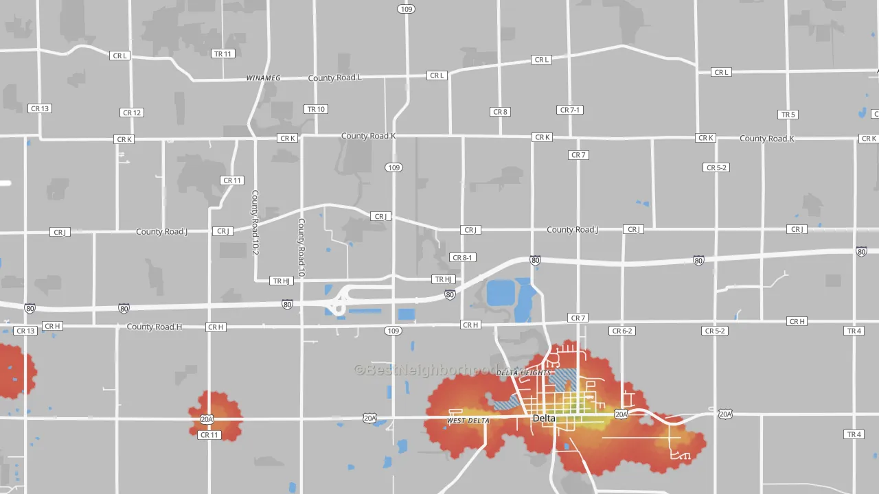 Walk Grade map of Winameg, OH, walkable areas in green and car-dependent areas in red