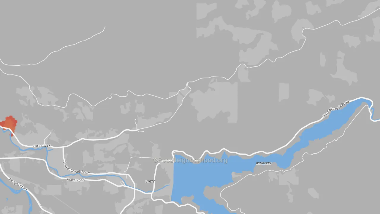 Walk Grade map of Winberry, OR, walkable areas in green and car-dependent areas in red