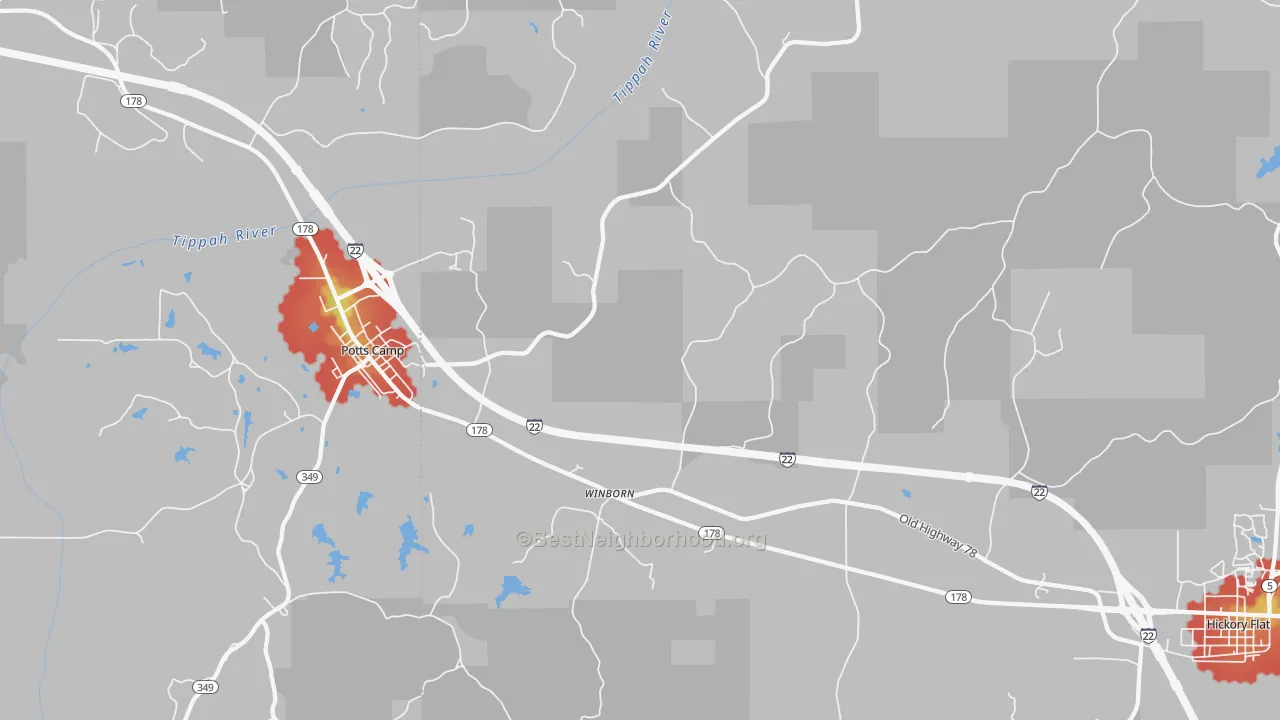 Walk Grade map of Winborn, MS, walkable areas in green and car-dependent areas in red