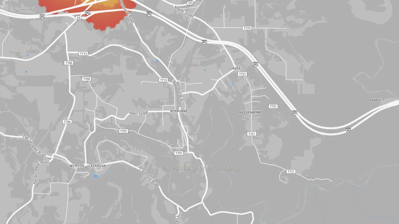 Walk Grade map of Winburne, PA, walkable areas in green and car-dependent areas in red