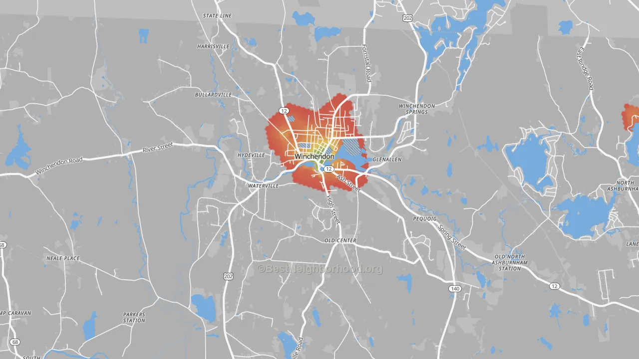 Walk Grade map of Winchendon, MA, walkable areas in green and car-dependent areas in red