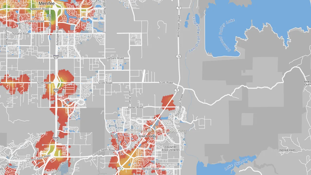 Walk Grade map of Winchester, CA, walkable areas in green and car-dependent areas in red