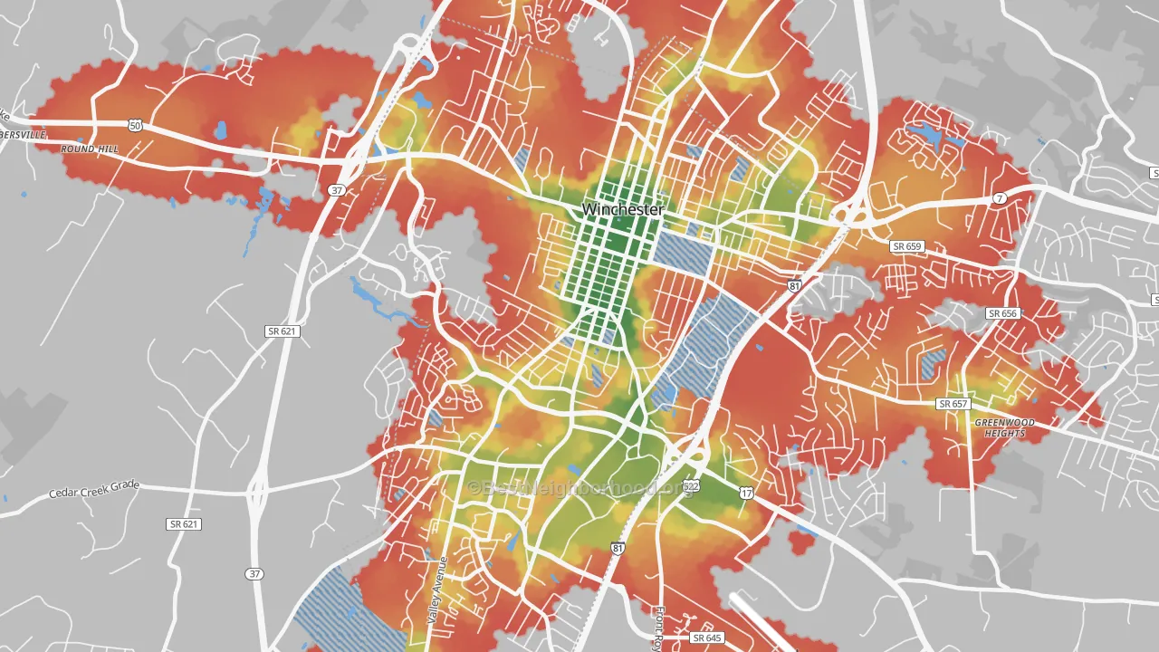 Walk Grade map of Winchester City, VA, walkable areas in green and car-dependent areas in red