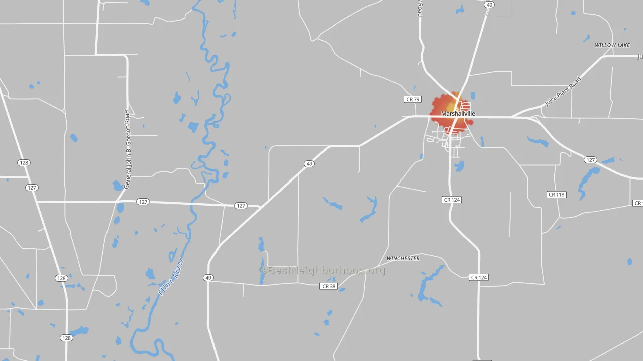 Walk Grade map of Winchester, GA, walkable areas in green and car-dependent areas in red