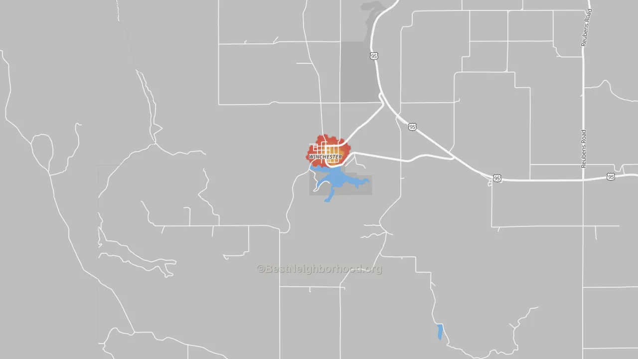 Walk Grade map of Winchester, ID, walkable areas in green and car-dependent areas in red