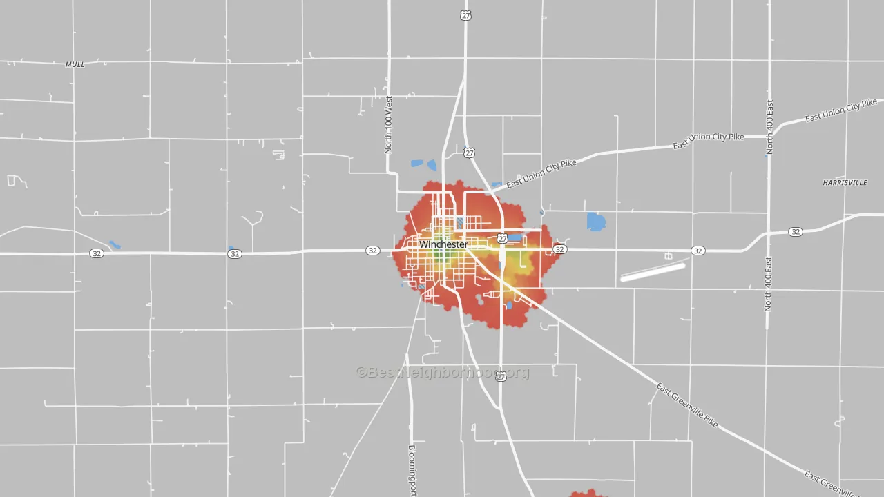 Walk Grade map of Winchester, IN, walkable areas in green and car-dependent areas in red