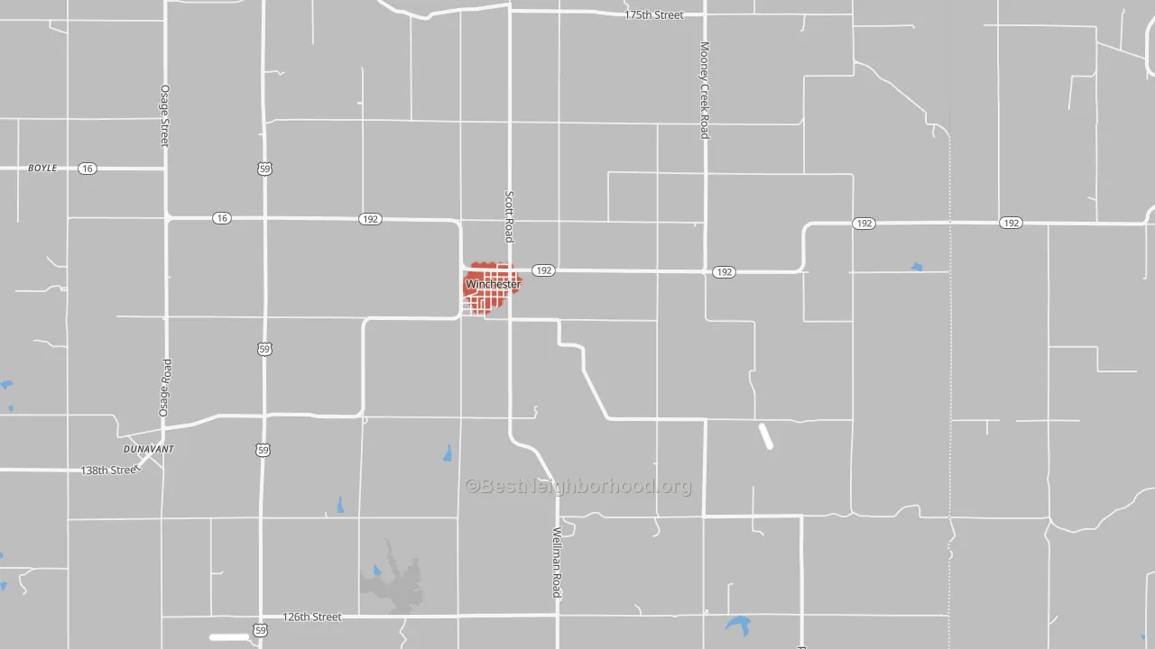 Walk Grade map of Winchester, KS, walkable areas in green and car-dependent areas in red