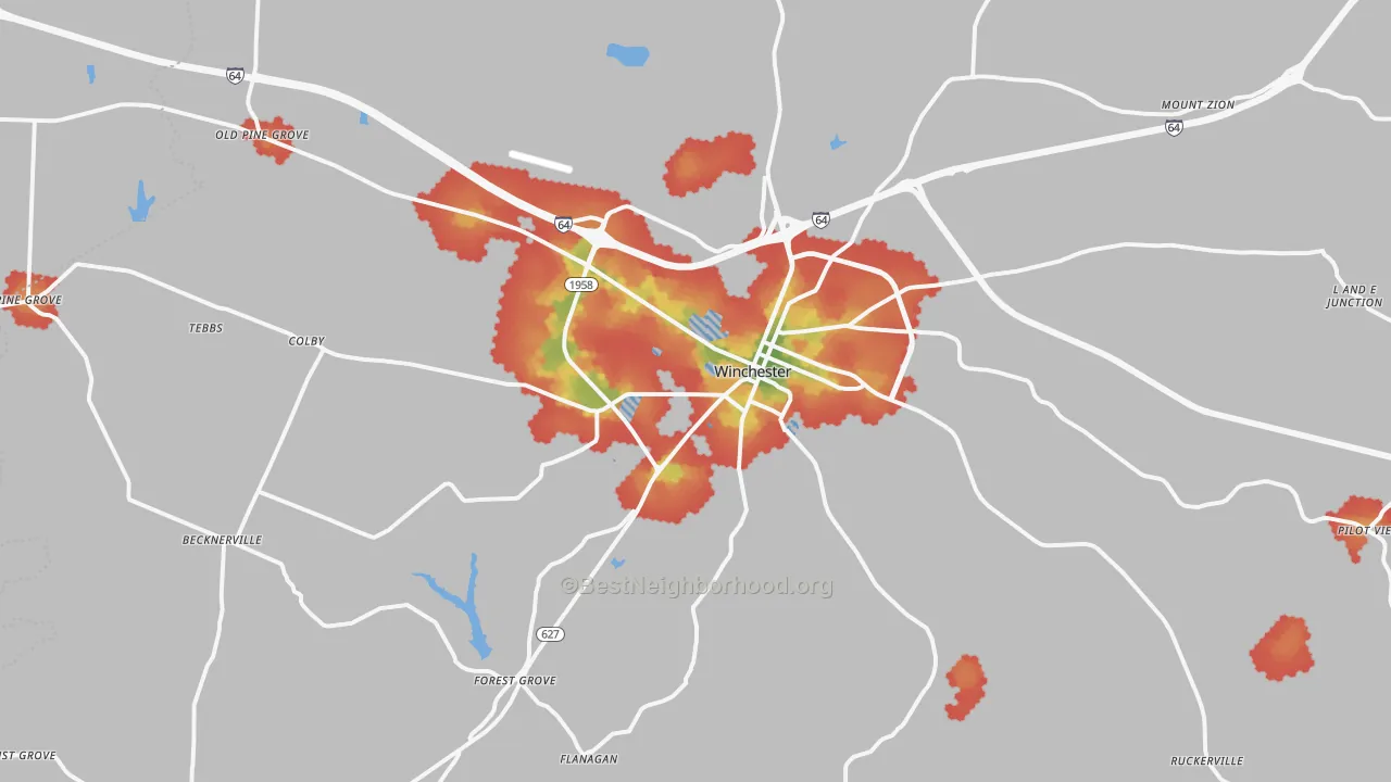 Walk Grade map of Winchester, KY, walkable areas in green and car-dependent areas in red