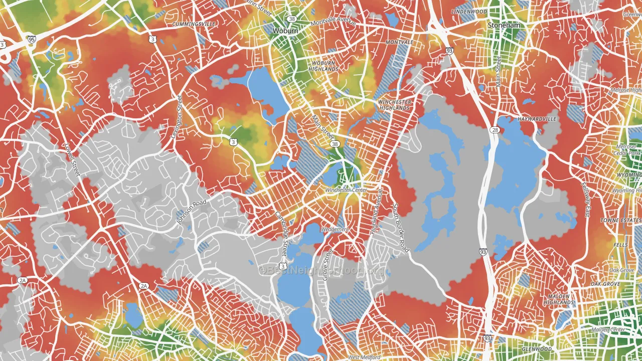 Walk Grade map of Winchester, MA, walkable areas in green and car-dependent areas in red