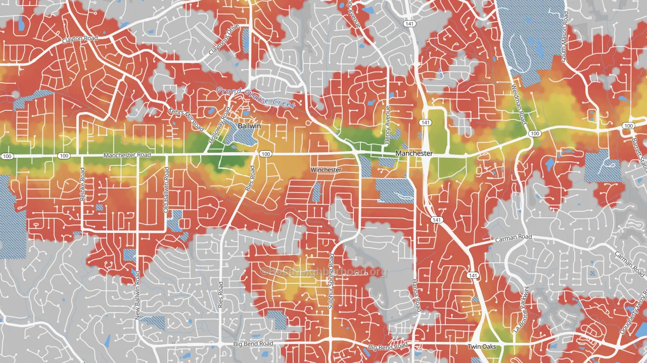 Walk Grade map of Winchester, MO, walkable areas in green and car-dependent areas in red