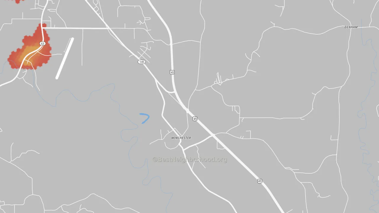 Walk Grade map of Winchester, MS, walkable areas in green and car-dependent areas in red
