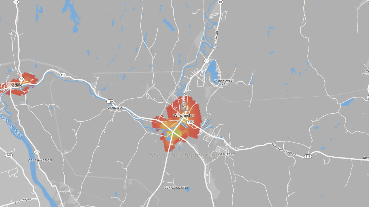 Walk Grade map of Winchester, NH, walkable areas in green and car-dependent areas in red