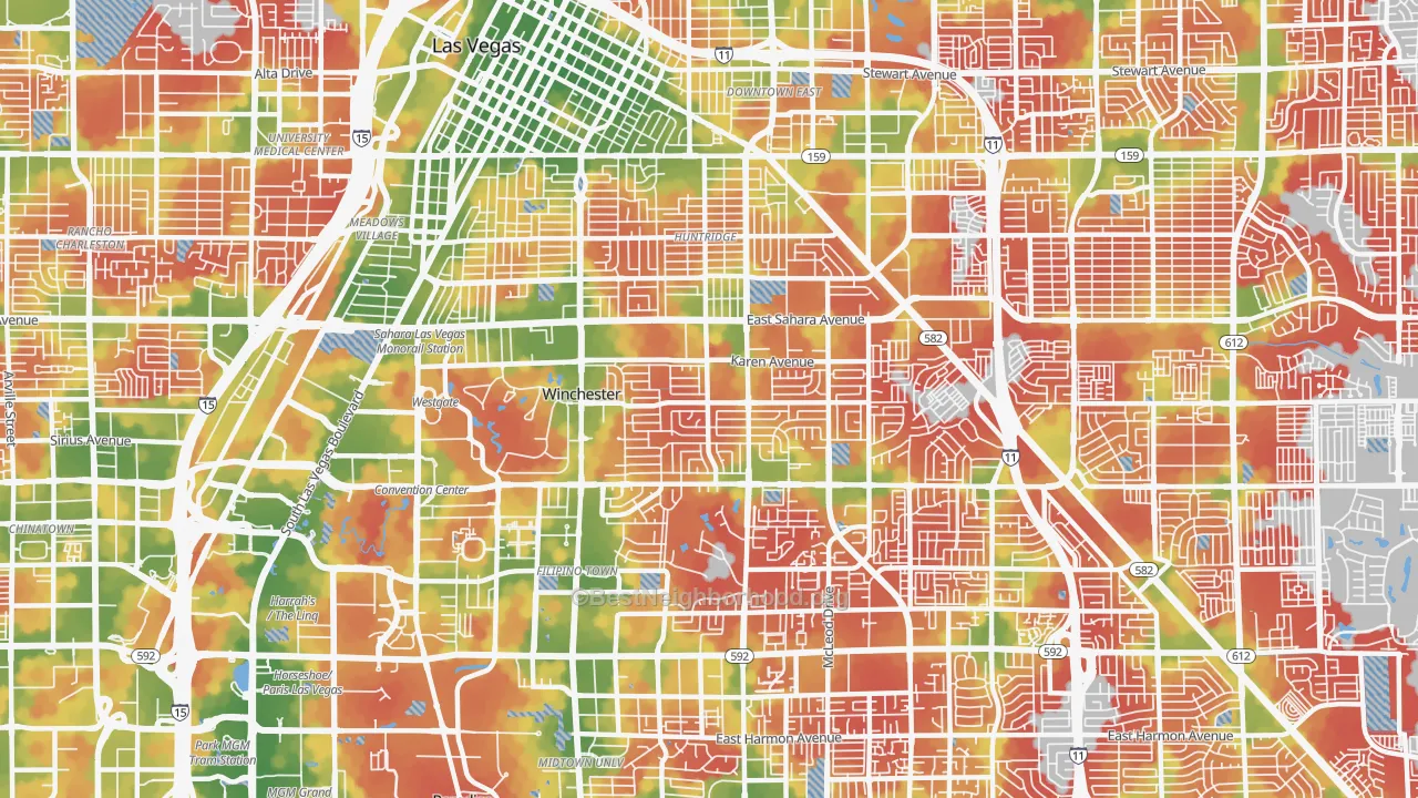 Walk Grade map of Winchester, NV, walkable areas in green and car-dependent areas in red
