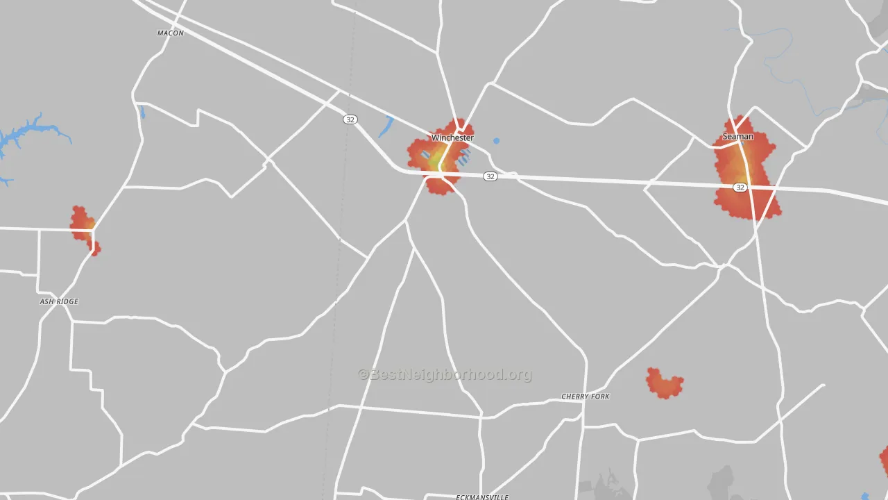 Walk Grade map of Winchester, OH, walkable areas in green and car-dependent areas in red