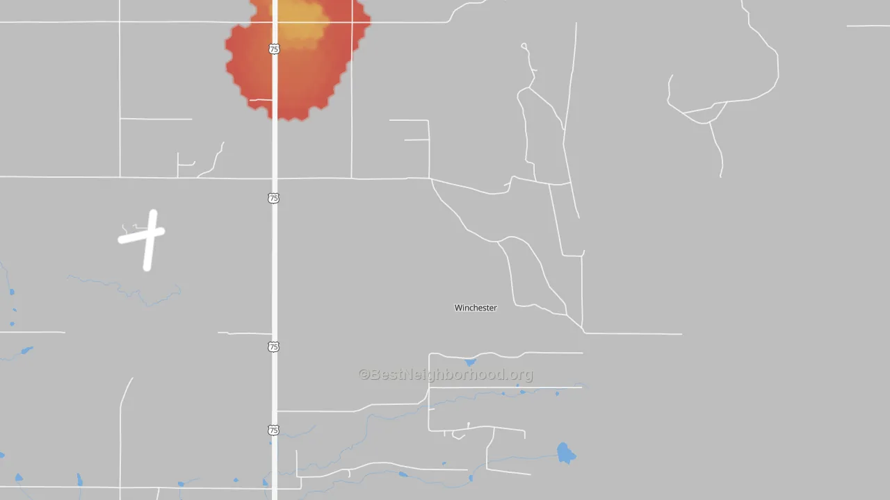 Walk Grade map of Winchester, OK, walkable areas in green and car-dependent areas in red