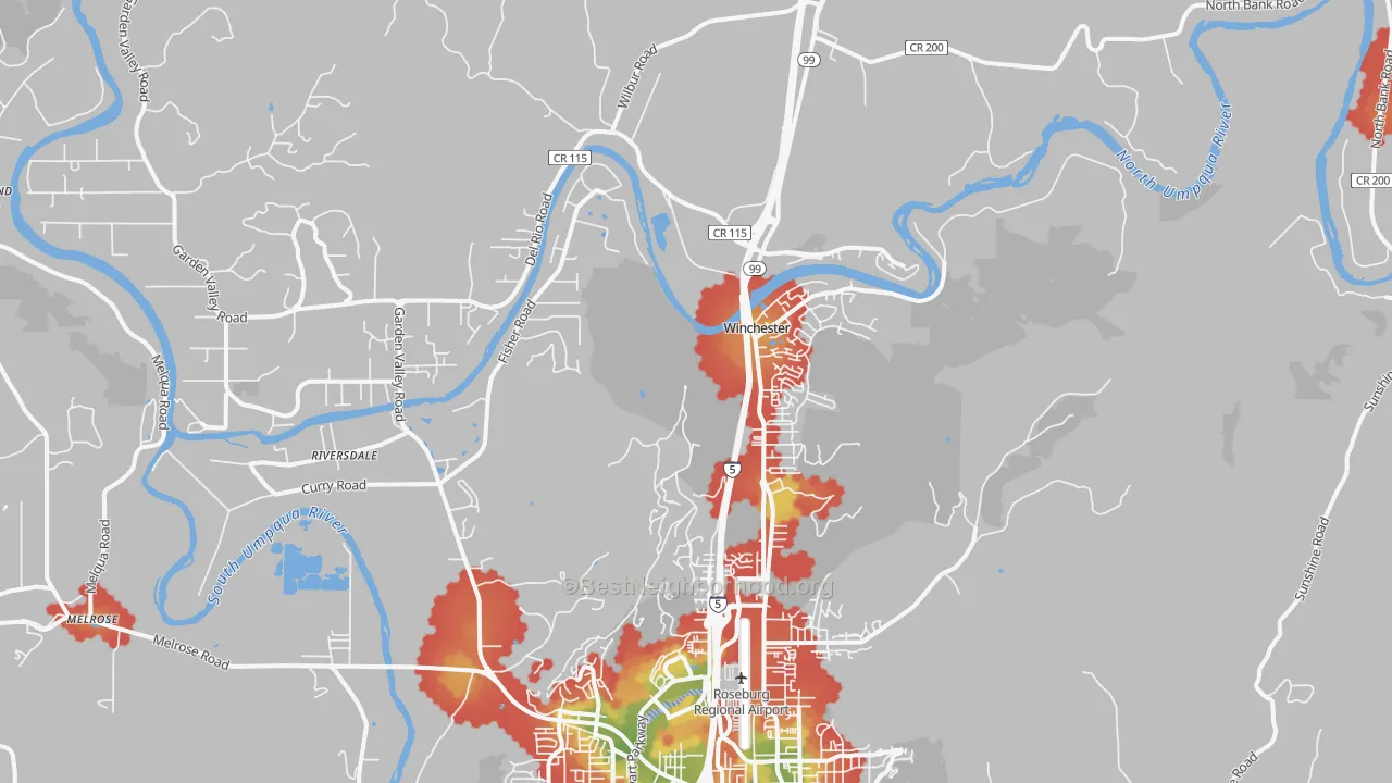 Walk Grade map of Winchester, OR, walkable areas in green and car-dependent areas in red