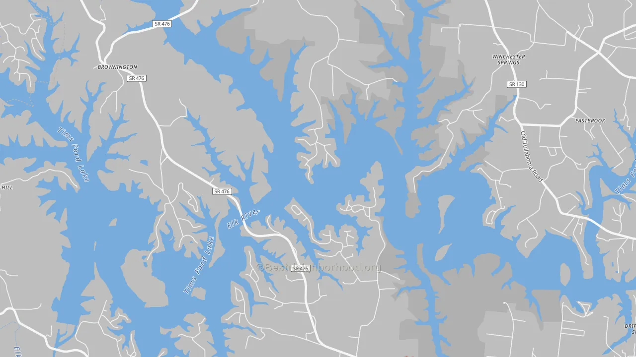 Walk Grade map of Winchester Springs, TN, walkable areas in green and car-dependent areas in red