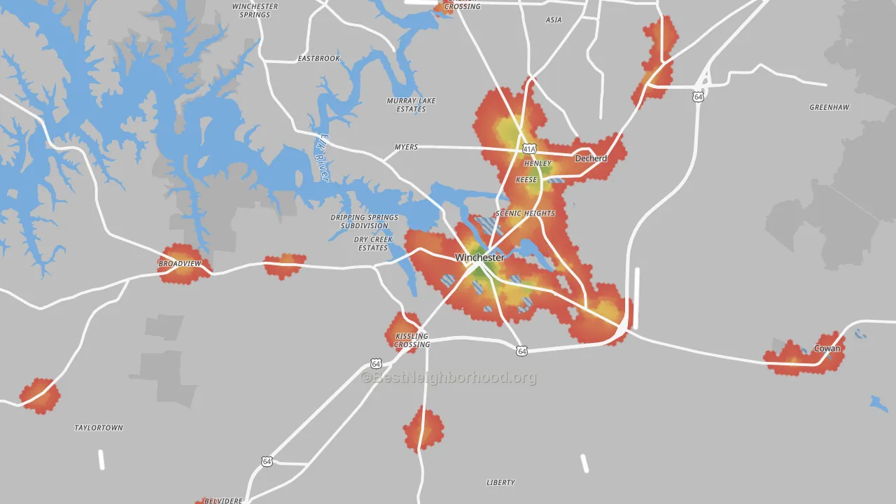 Walk Grade map of Winchester, TN, walkable areas in green and car-dependent areas in red