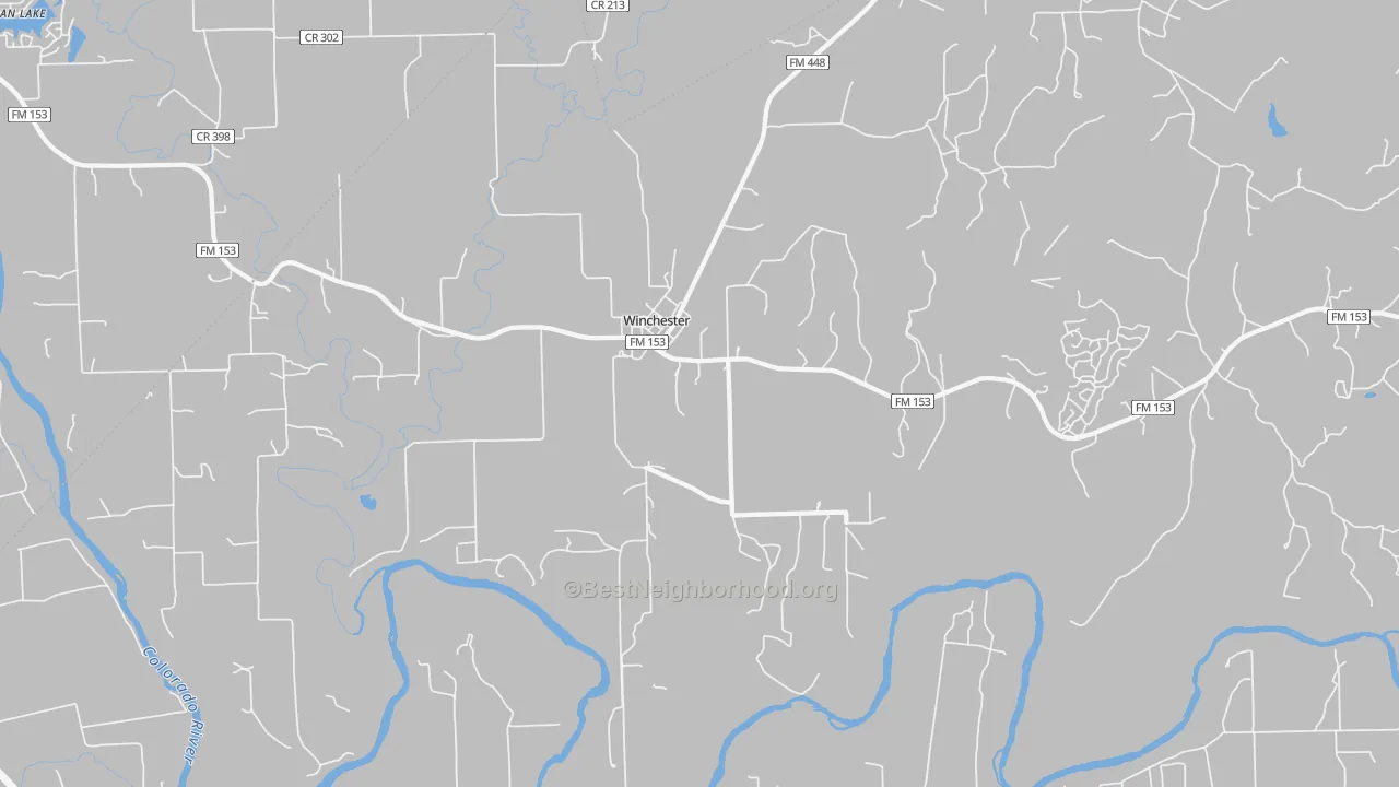 Walk Grade map of Winchester, TX, walkable areas in green and car-dependent areas in red
