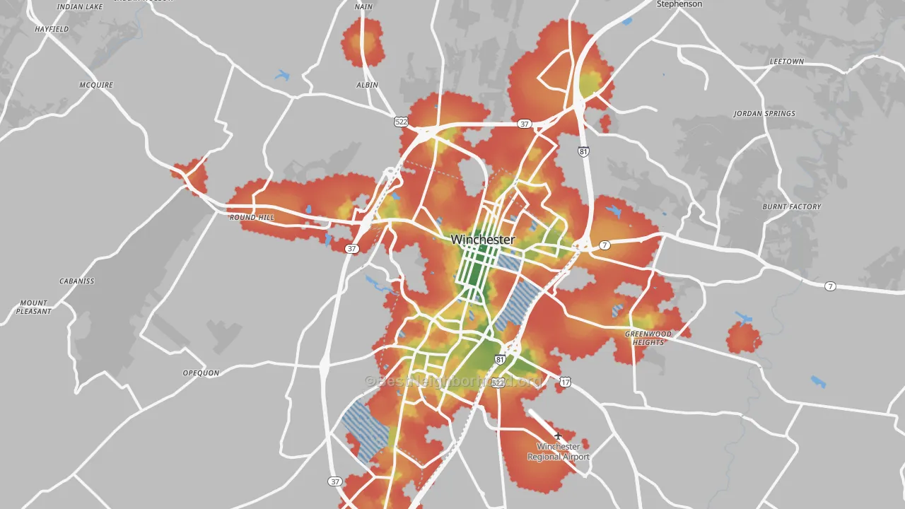 Walk Grade map of Winchester, VA, walkable areas in green and car-dependent areas in red