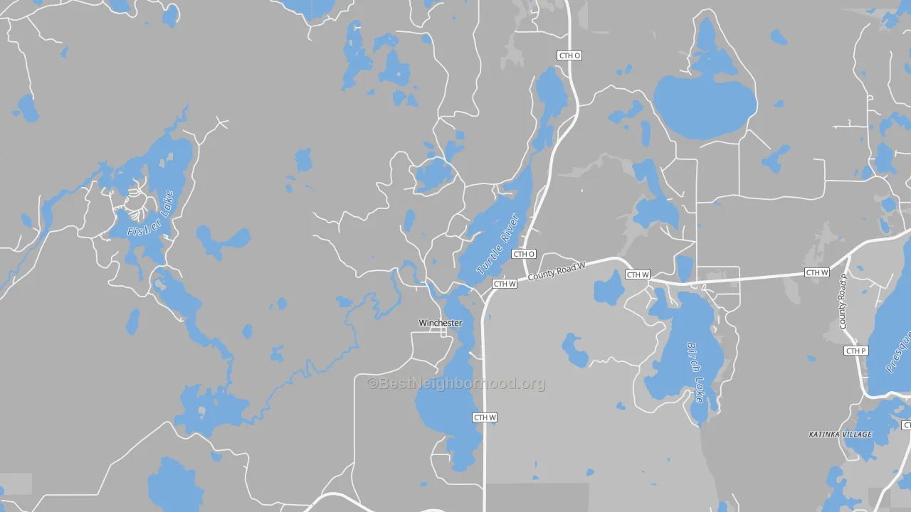 Walk Grade map of Winchester, WI, walkable areas in green and car-dependent areas in red