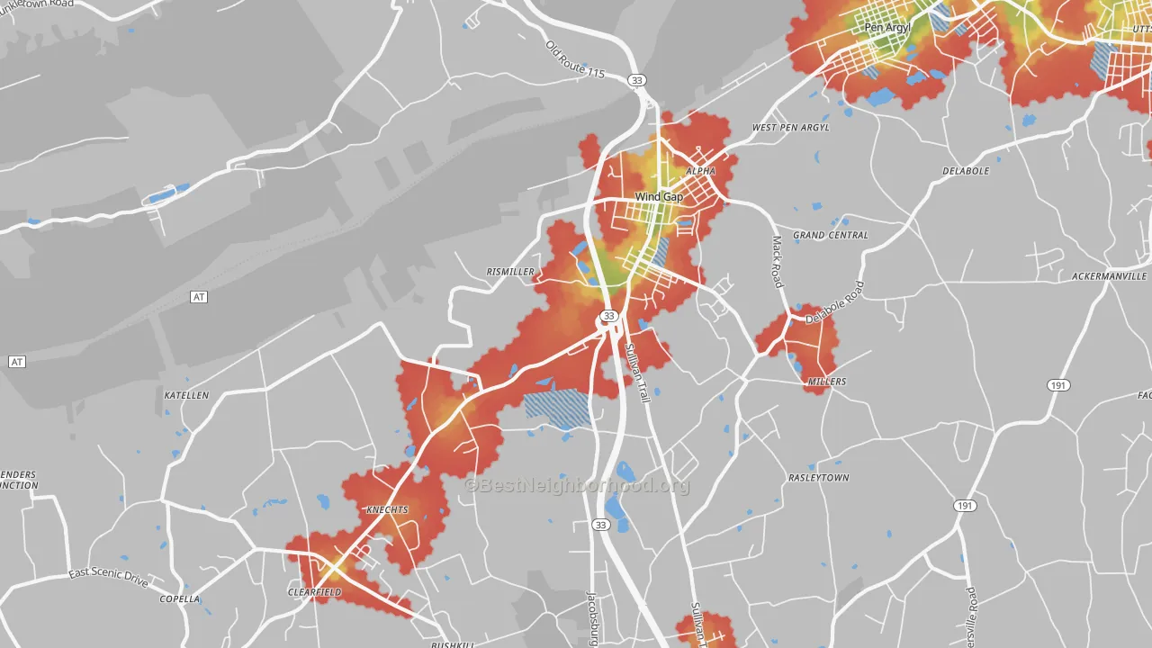 Walk Grade map of Wind Gap, PA, walkable areas in green and car-dependent areas in red