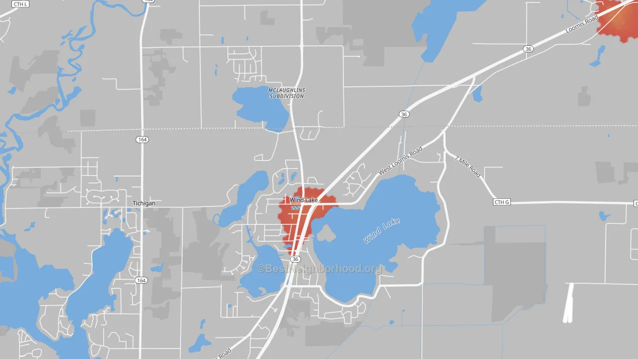 Walk Grade map of Wind Lake, WI, walkable areas in green and car-dependent areas in red