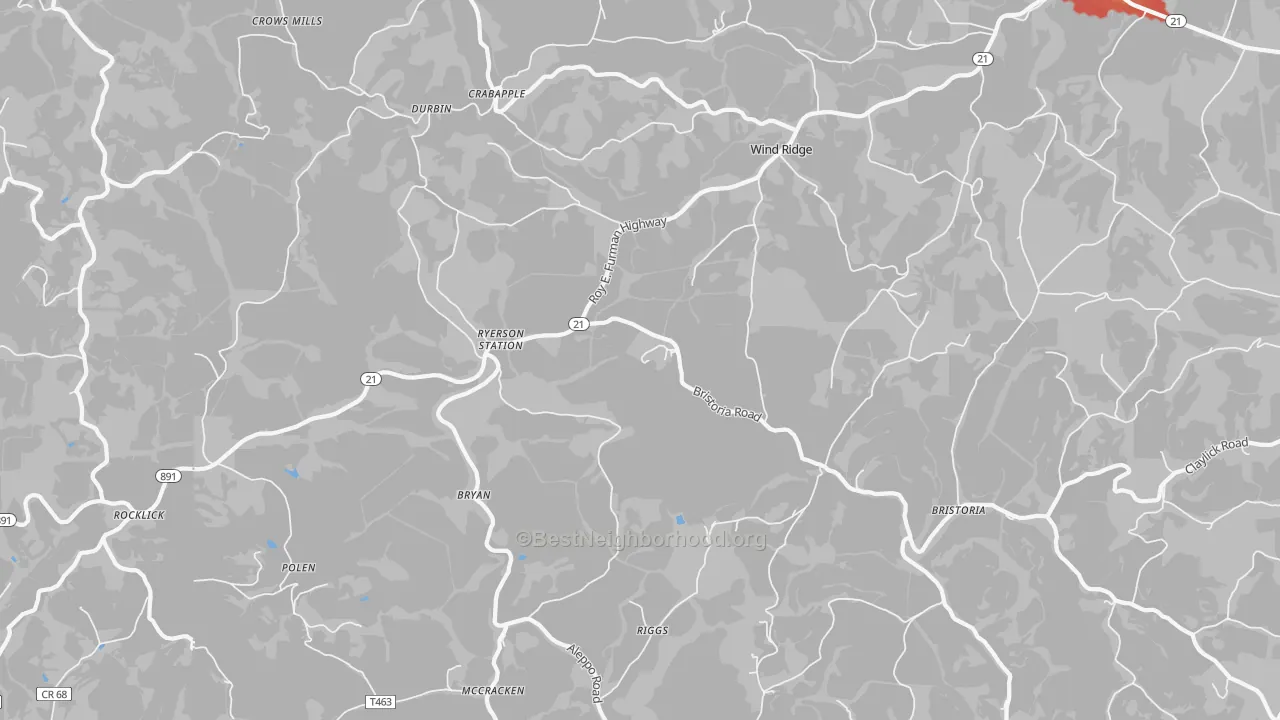 Walk Grade map of Wind Ridge, PA, walkable areas in green and car-dependent areas in red