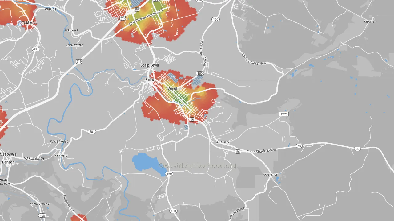 Walk Grade map of Windber, PA, walkable areas in green and car-dependent areas in red