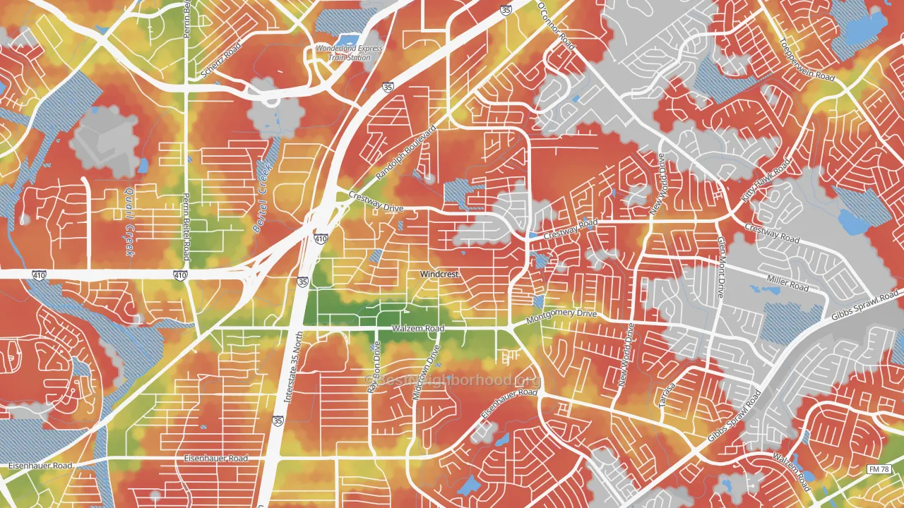 Walk Grade map of Windcrest, TX, walkable areas in green and car-dependent areas in red