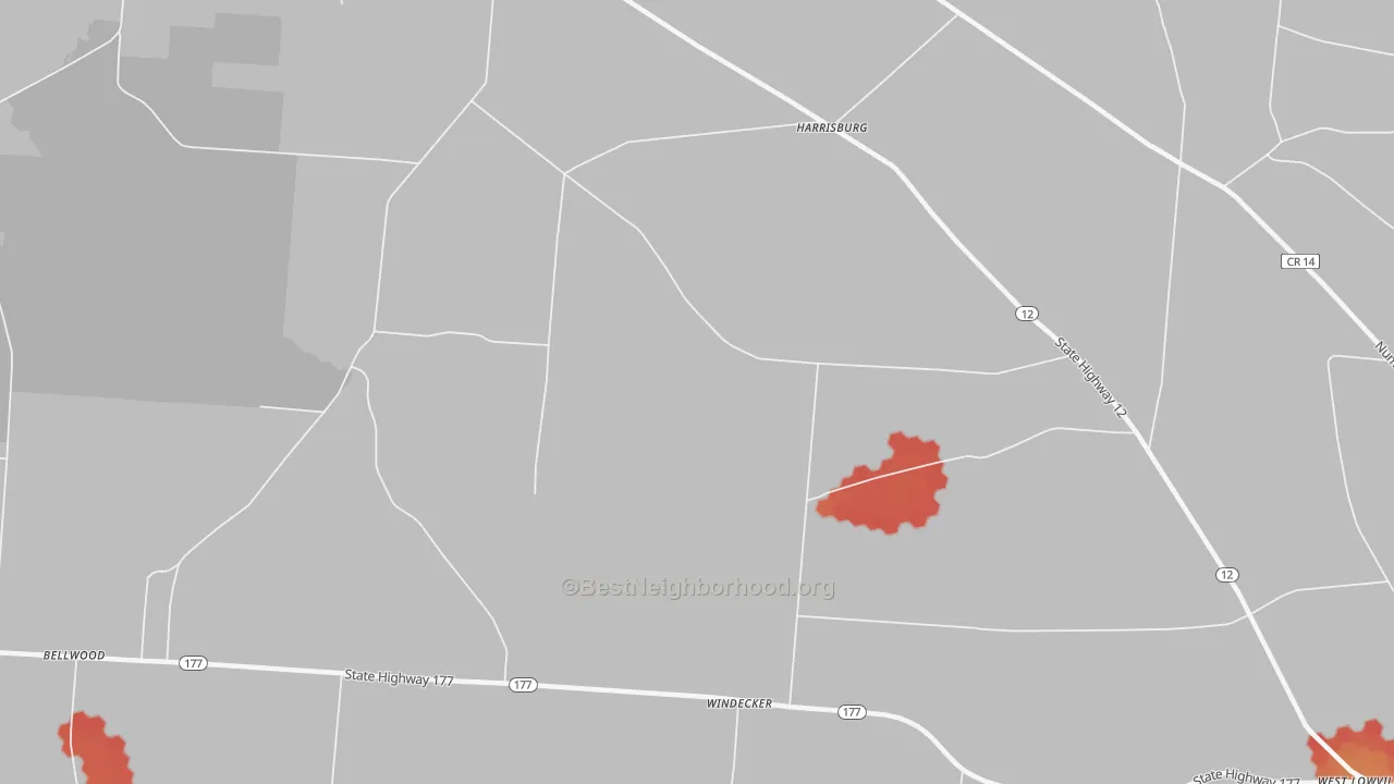 Walk Grade map of Windecker, NY, walkable areas in green and car-dependent areas in red