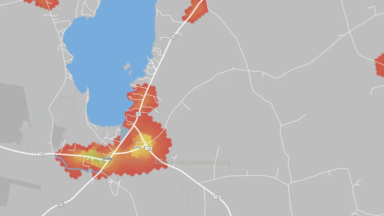 Walk Grade map of Windemere, ME, walkable areas in green and car-dependent areas in red