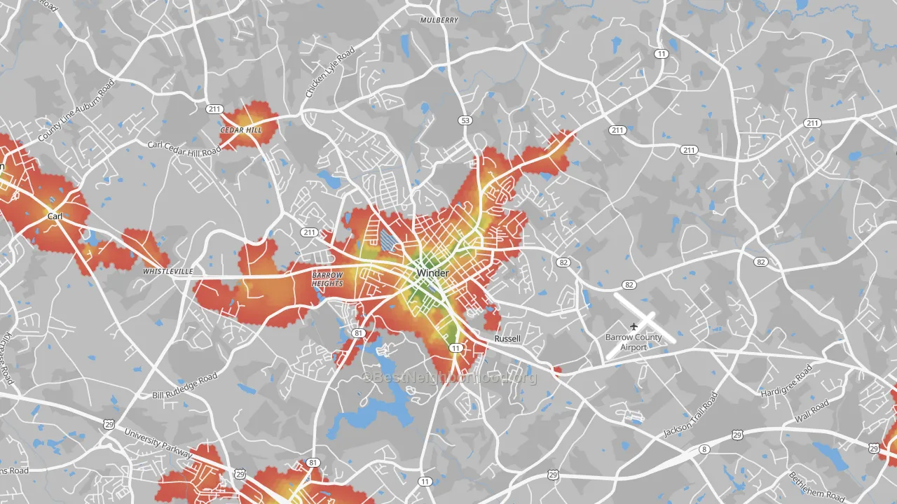 Walk Grade map of Winder, GA, walkable areas in green and car-dependent areas in red