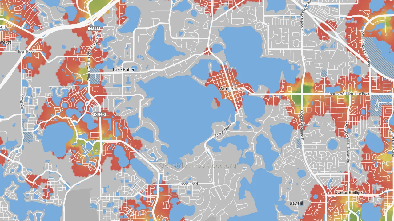 Walk Grade map of Windermere, FL, walkable areas in green and car-dependent areas in red