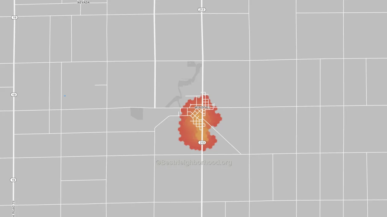 Walk Grade map of Windfall City, IN, walkable areas in green and car-dependent areas in red
