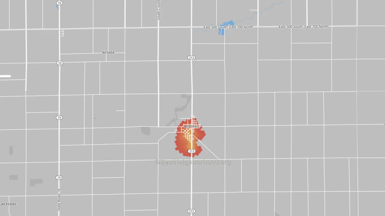 Walk Grade map of Windfall, IN, walkable areas in green and car-dependent areas in red