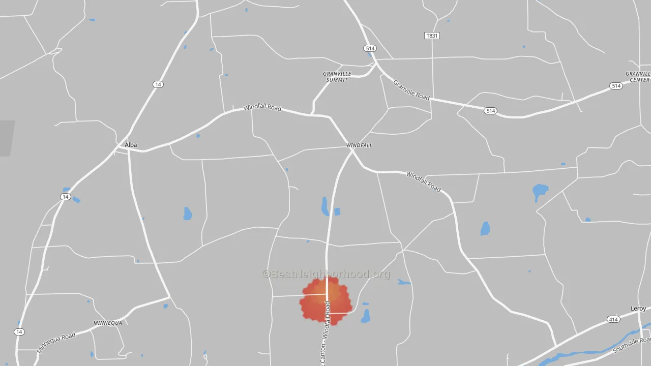 Walk Grade map of Windfall, PA, walkable areas in green and car-dependent areas in red