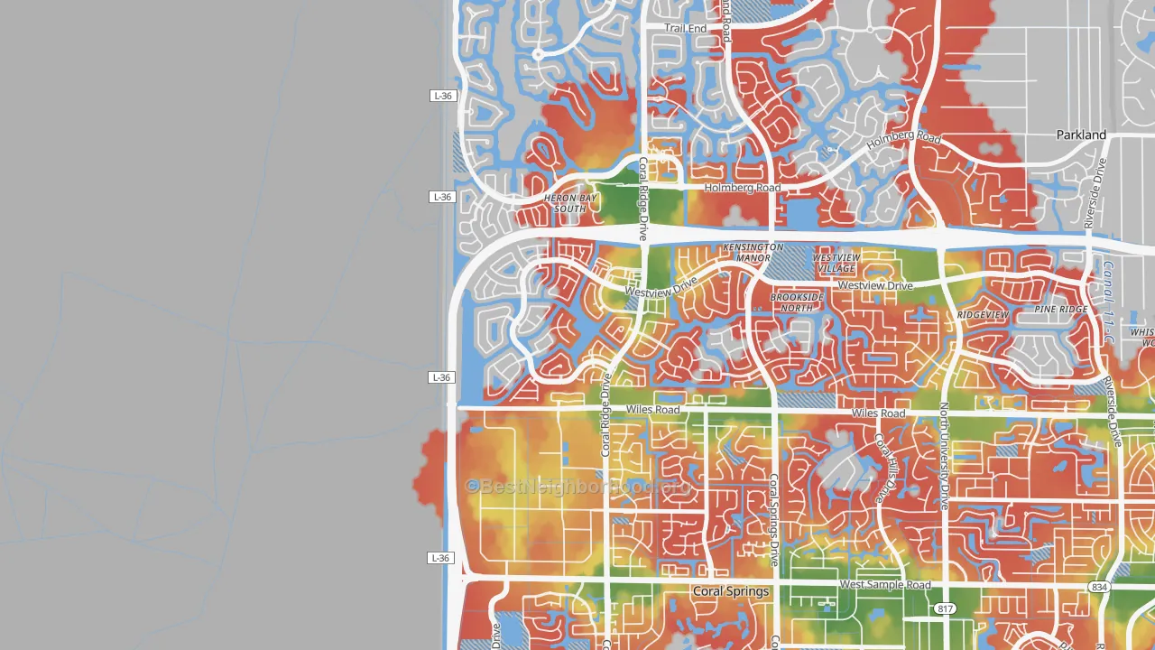Walk Grade map of Windham, Coral Springs, FL, walkable areas in green and car-dependent areas in red