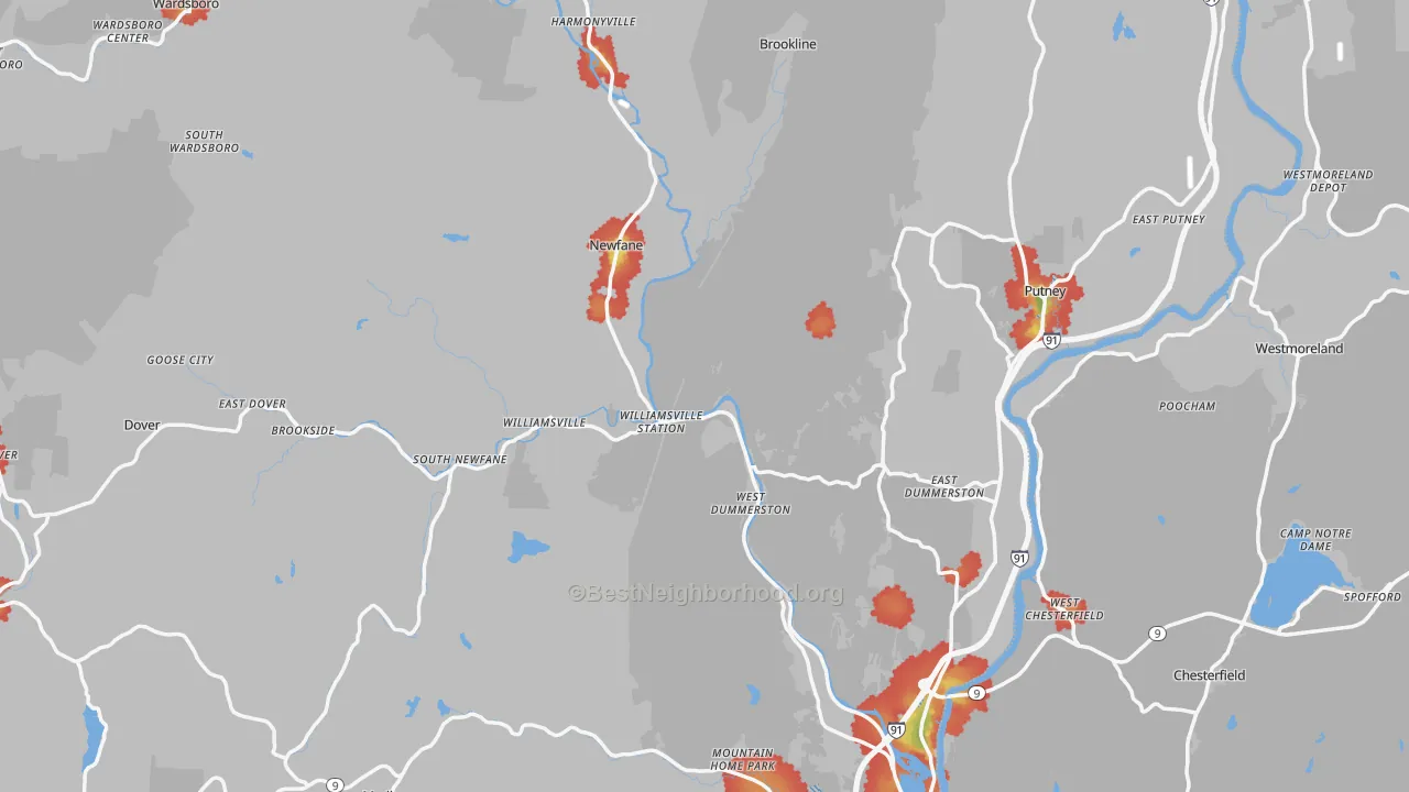 Walk Grade map of Windham County, VT, walkable areas in green and car-dependent areas in red