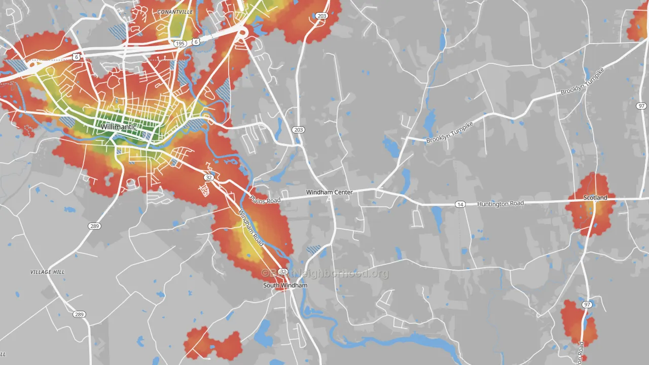 Walk Grade map of Windham, CT, walkable areas in green and car-dependent areas in red