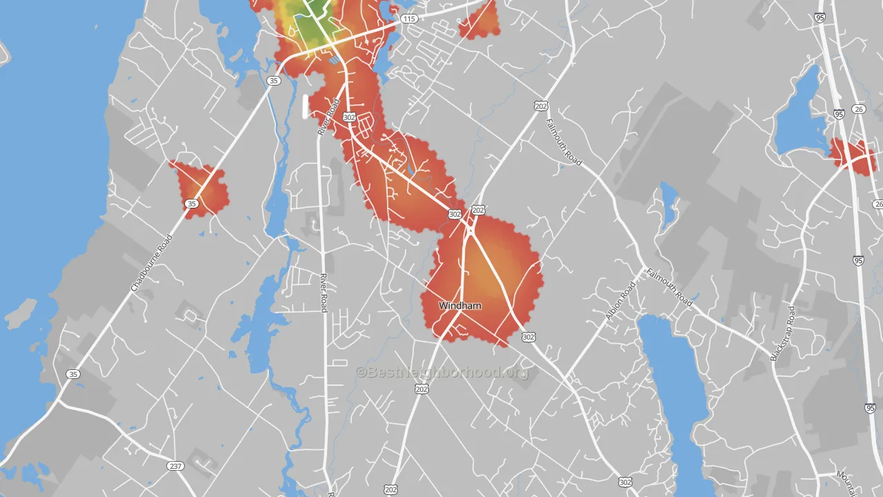 Walk Grade map of Windham, ME, walkable areas in green and car-dependent areas in red