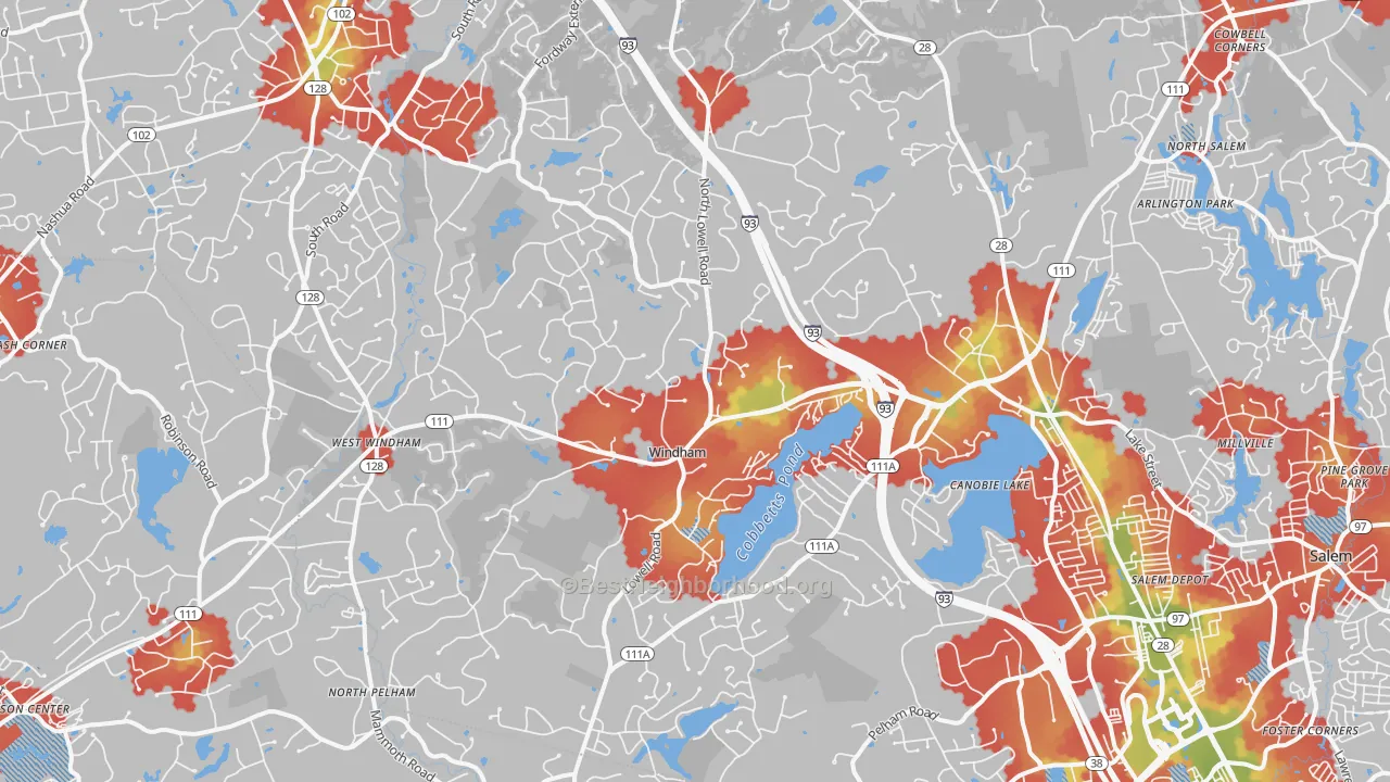Walk Grade map of Windham, NH, walkable areas in green and car-dependent areas in red