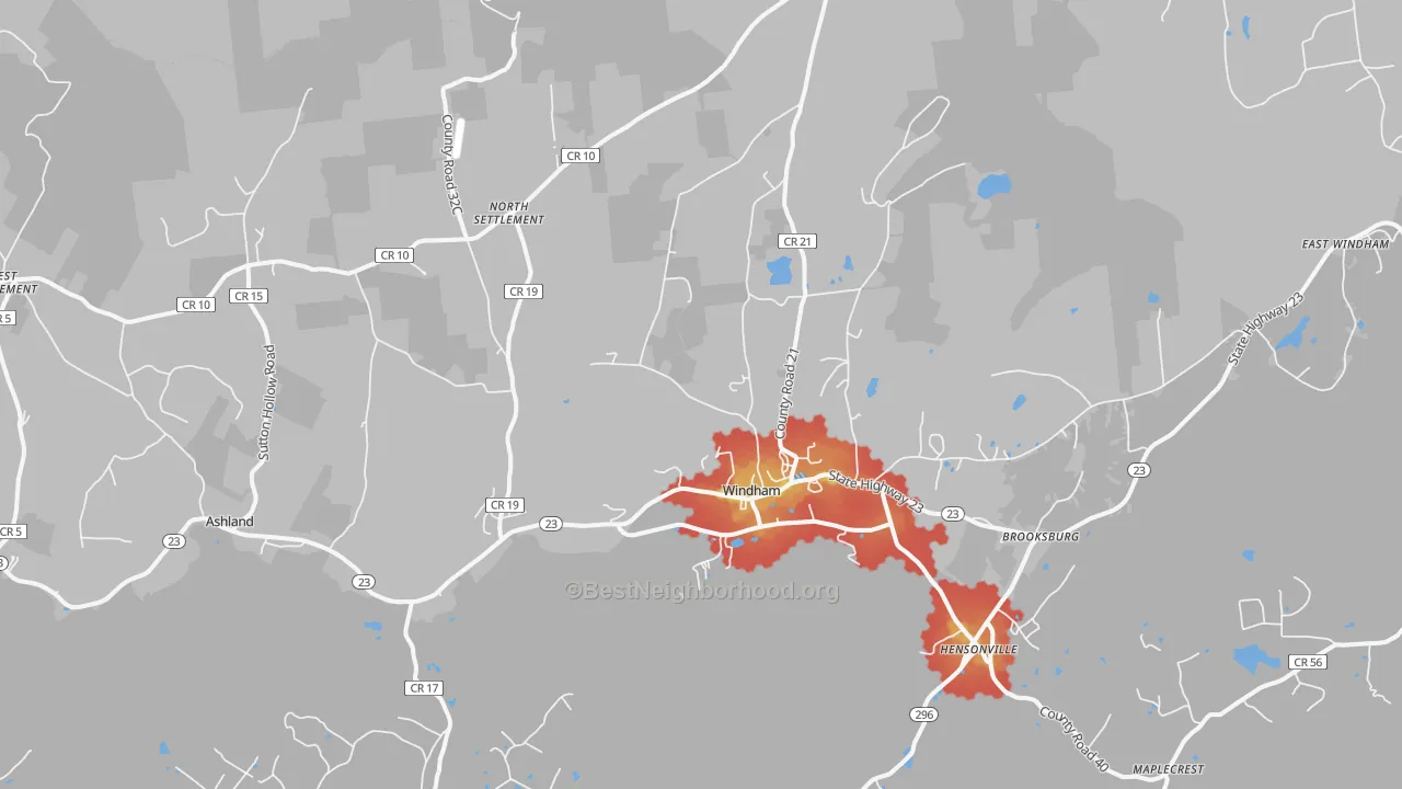 Walk Grade map of Windham, NY, walkable areas in green and car-dependent areas in red