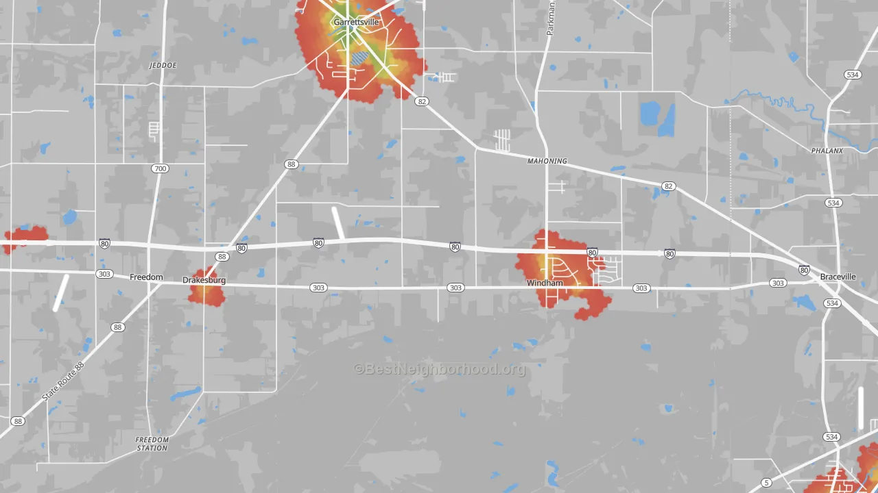 Walk Grade map of Windham, OH, walkable areas in green and car-dependent areas in red