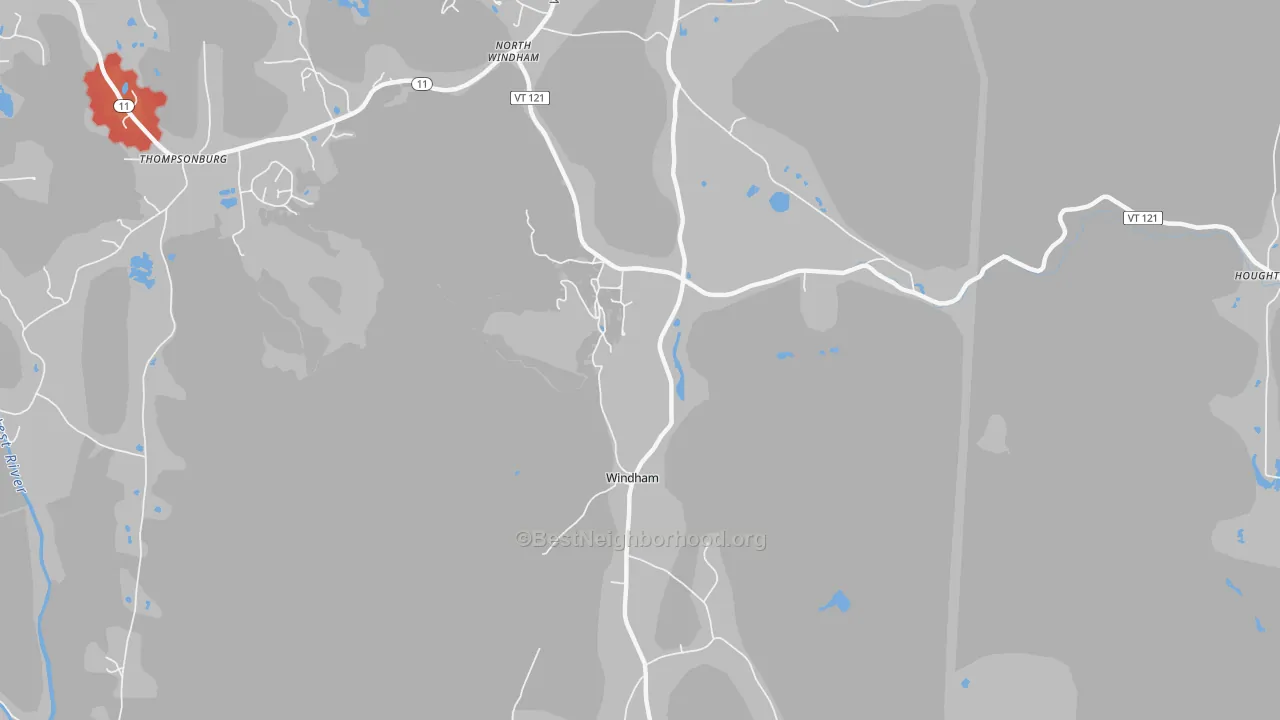 Walk Grade map of Windham, VT, walkable areas in green and car-dependent areas in red