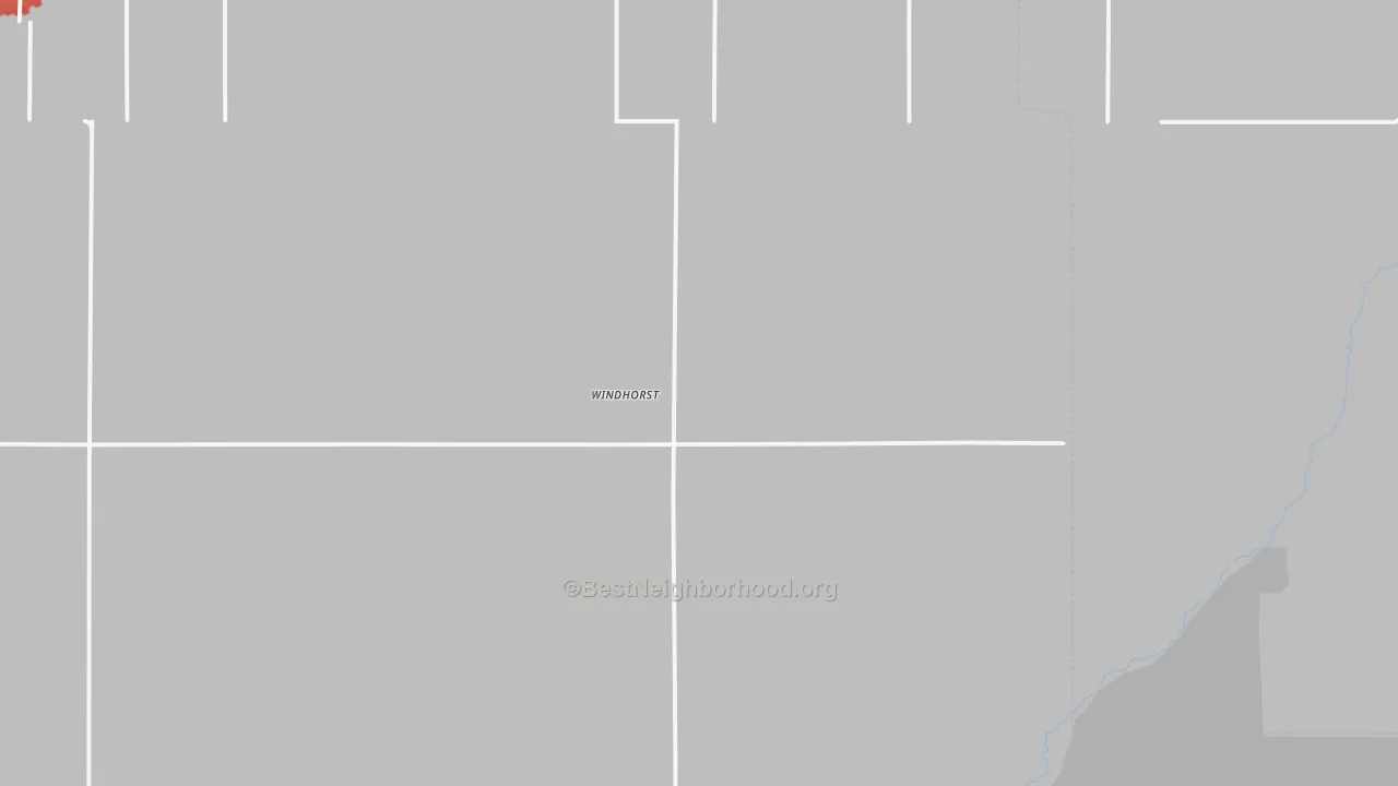 Walk Grade map of Windhorst, KS, walkable areas in green and car-dependent areas in red