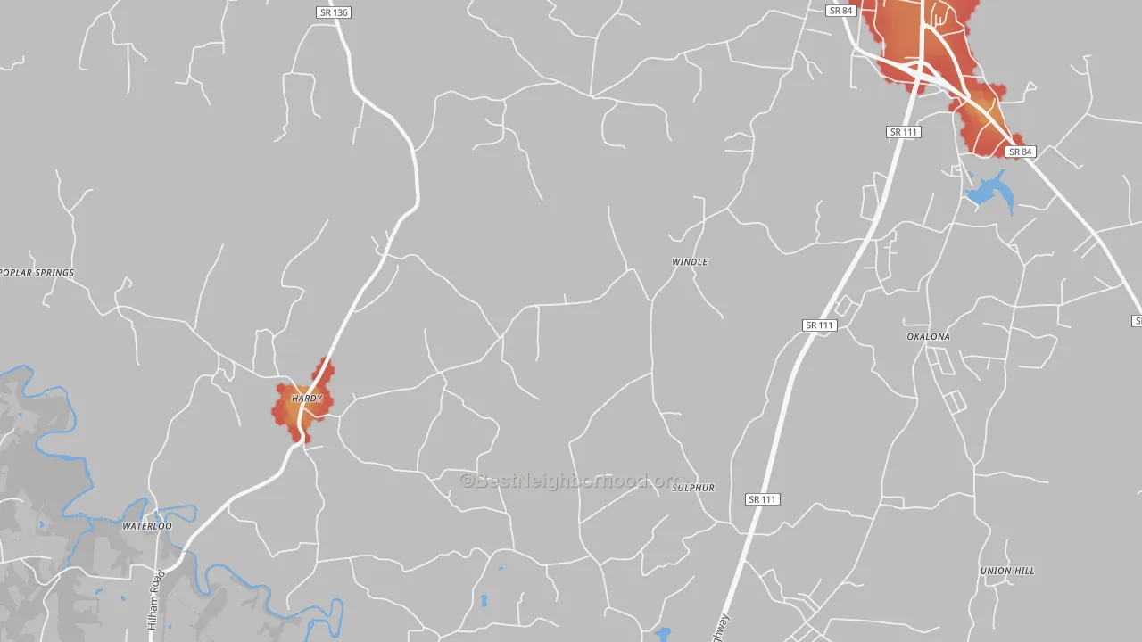 Walk Grade map of Windle, TN, walkable areas in green and car-dependent areas in red